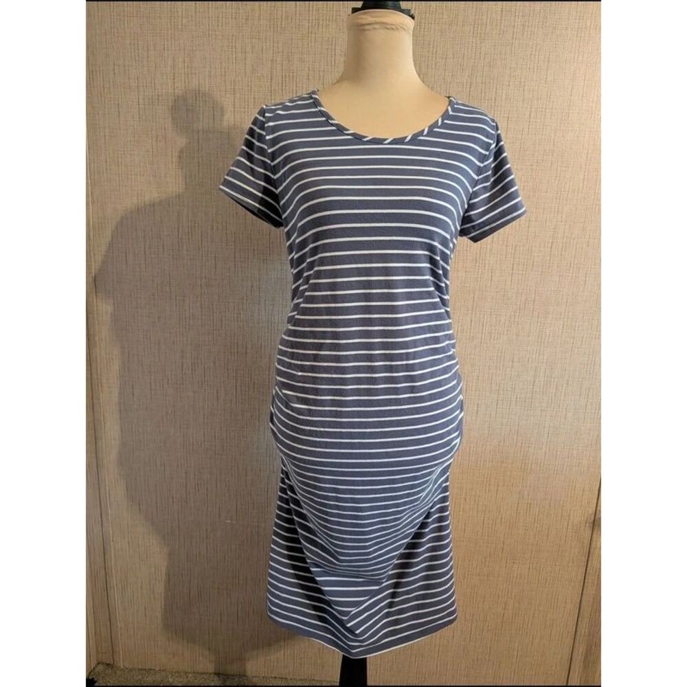 Striped Short-Sleeve Midi Maternity Dress - Blue/White